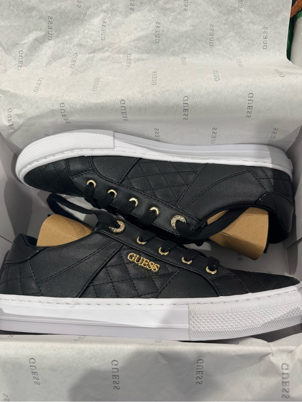 GUESS Quilted Black Low-Top Sneakers with Gold Accents